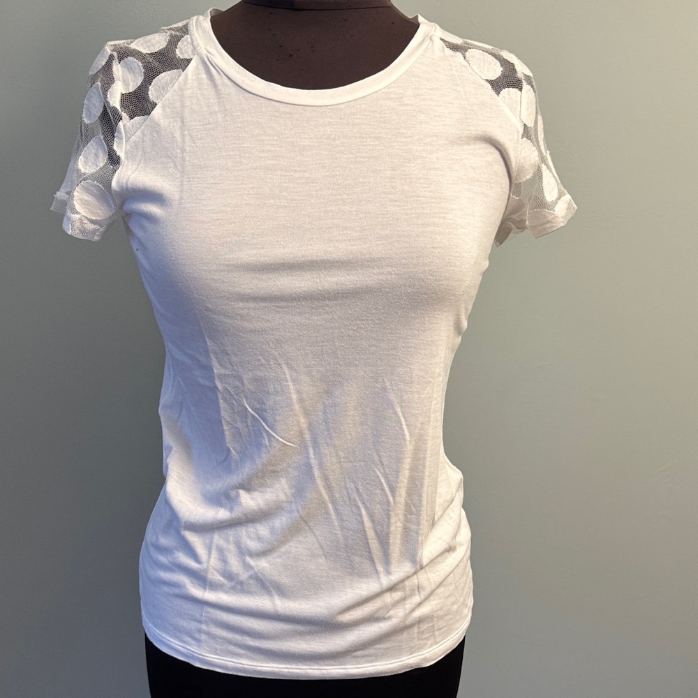 Banana Republic White Polka Dot Lace Sleeve T-Shirt